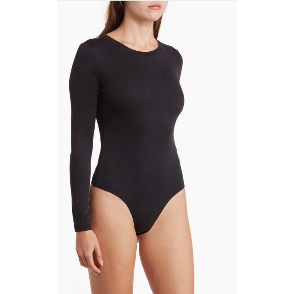 Elodie Women’s Ribbed Bodysuit in Black Long Sleeve Size M